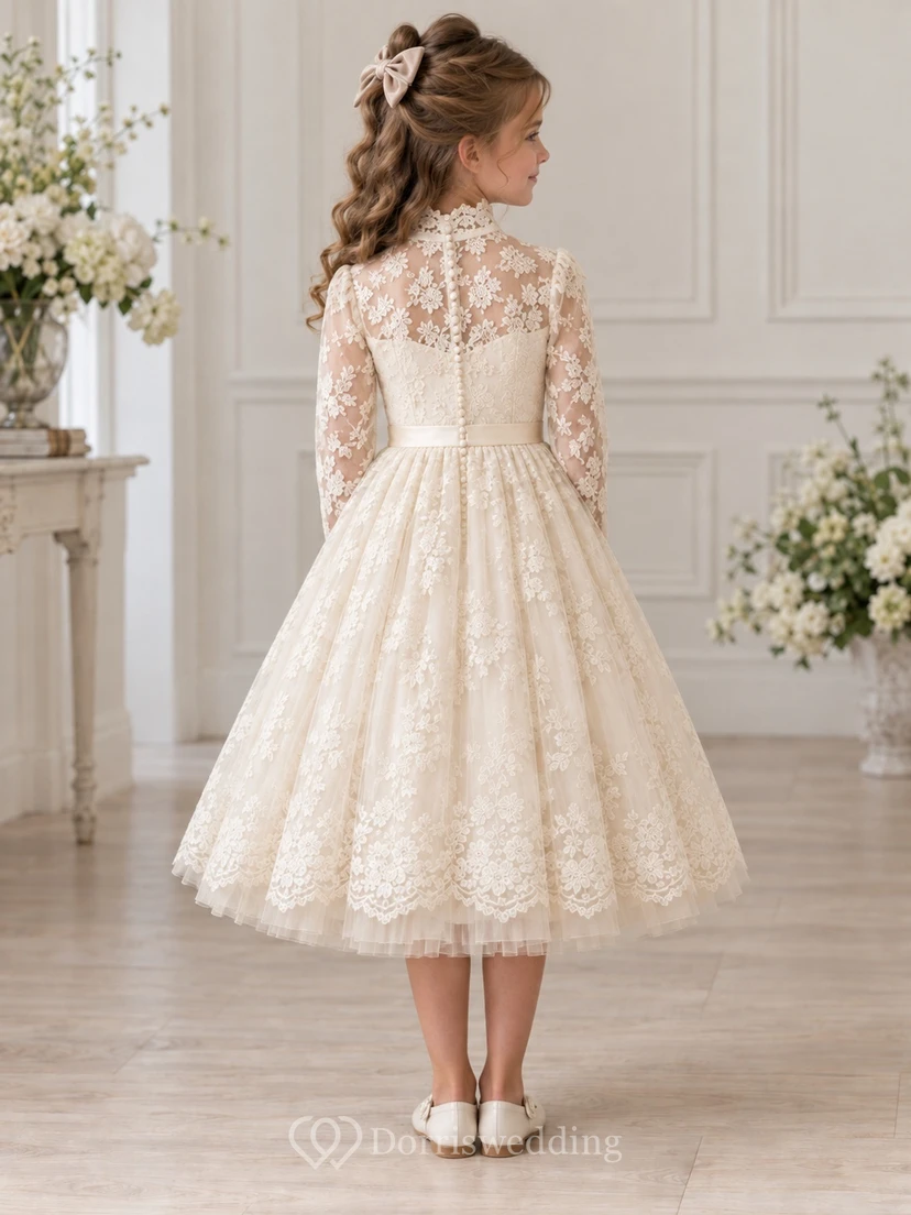 Tea-length High Neck Long Sleeve Ivory Floral A-Line Lace Scalloped Flowergirl Dress view 2
