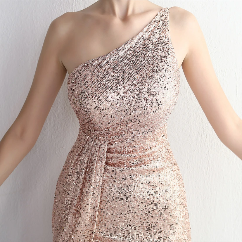 Sequined One-Shoulder Celebrity Cold Banquet Slit Long Sequin Aura Queen Dinner Fishtail Dress view 42