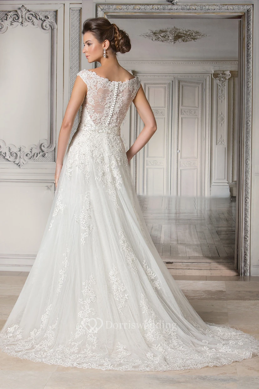V-Neck Cap-Sleeved A-Line Gown With Appliques And Illusion Back view 2