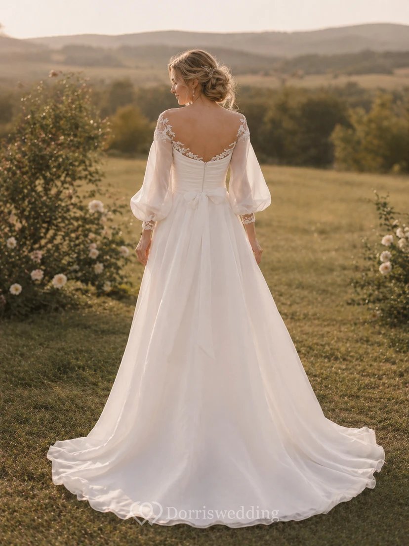 Strand-Puff-Brautkleid mit 3-4 Ärmeln, Rundhalsausschnitt, gerafftem Tüll und Schleife view 2