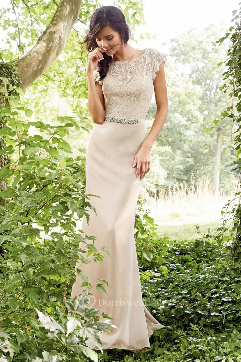 Sheath Bateau Neck Cap Sleeve Lace Chiffon Bridesmaid Dress view 4