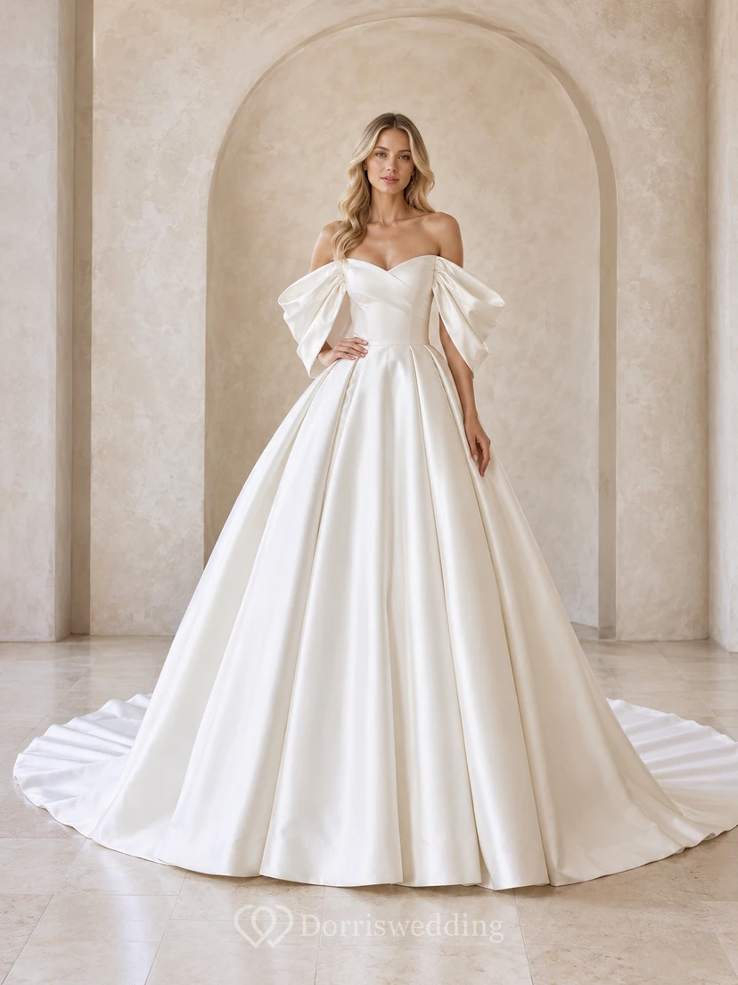 Robe de mariée en satin, robe de bal, épaules dénudées, manches courtes, traîne chapelle