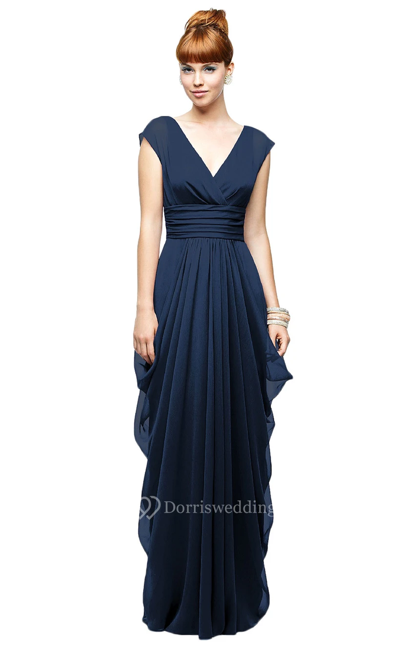 Long Chiffon Cap-Sleeved Enchanting V-Neck Dress