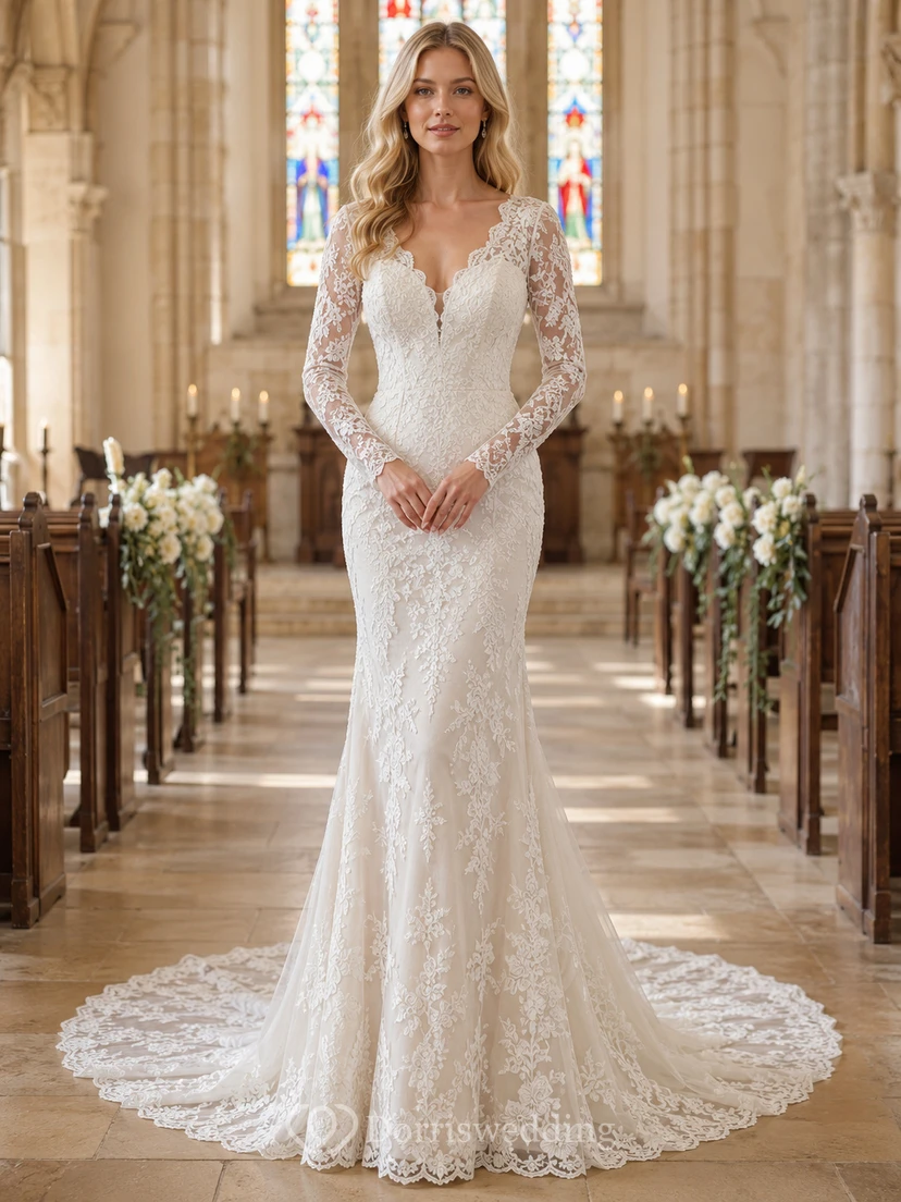 Romantisches Meerjungfrauen-Brautkleid mit langen Ärmeln aus Spitze