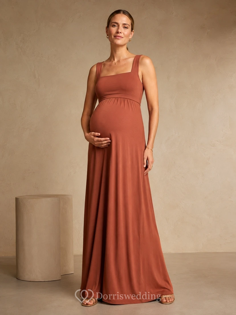 Rust Maternity Square Neck Sleeveless Chiffon A-Line Floor Dress