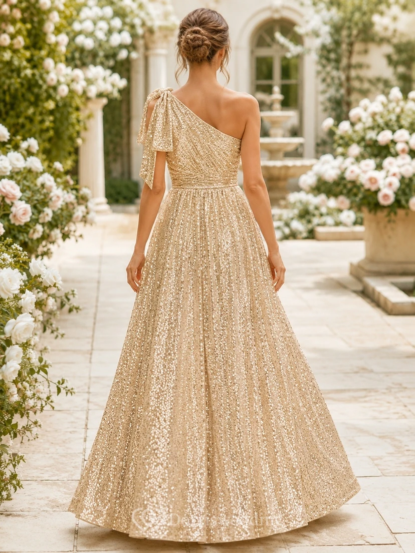 Gold Sequin One-Shoulder Sleeveless A-Line Floor-length Formal Gown view 2