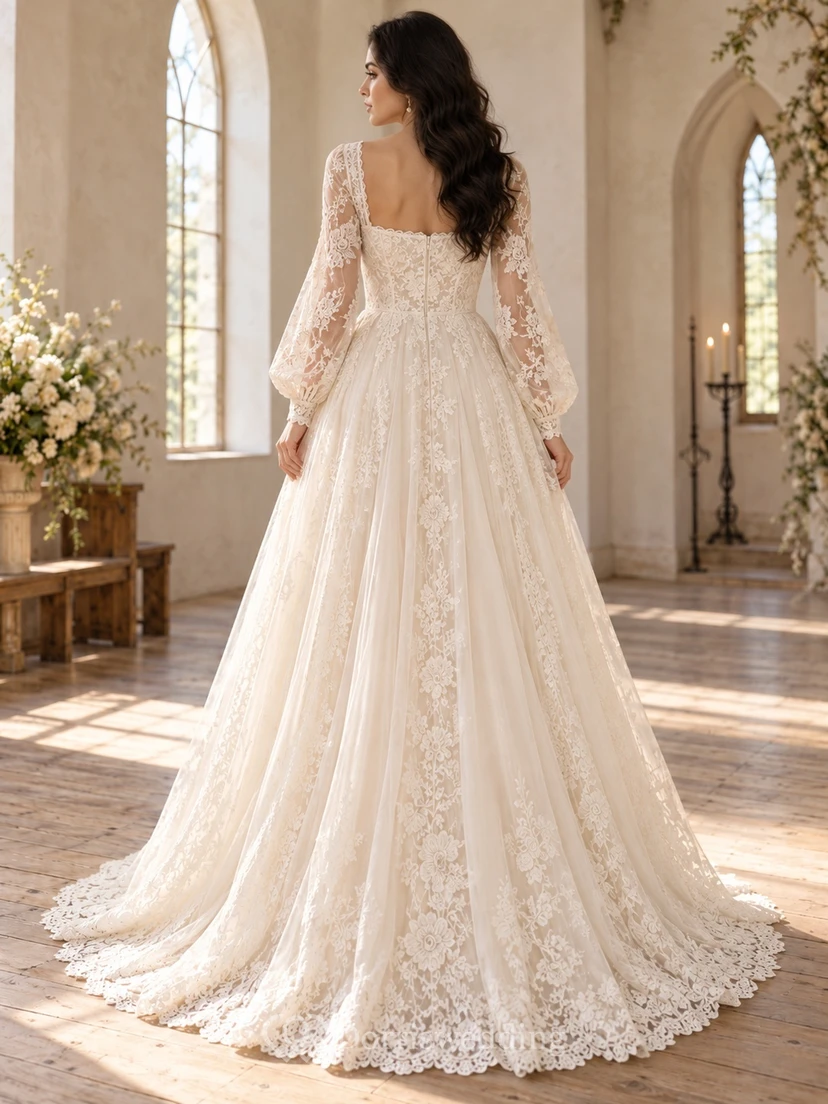 Square Neck Long Sleeve Floral Lace A-line Train Wedding Dress view 2