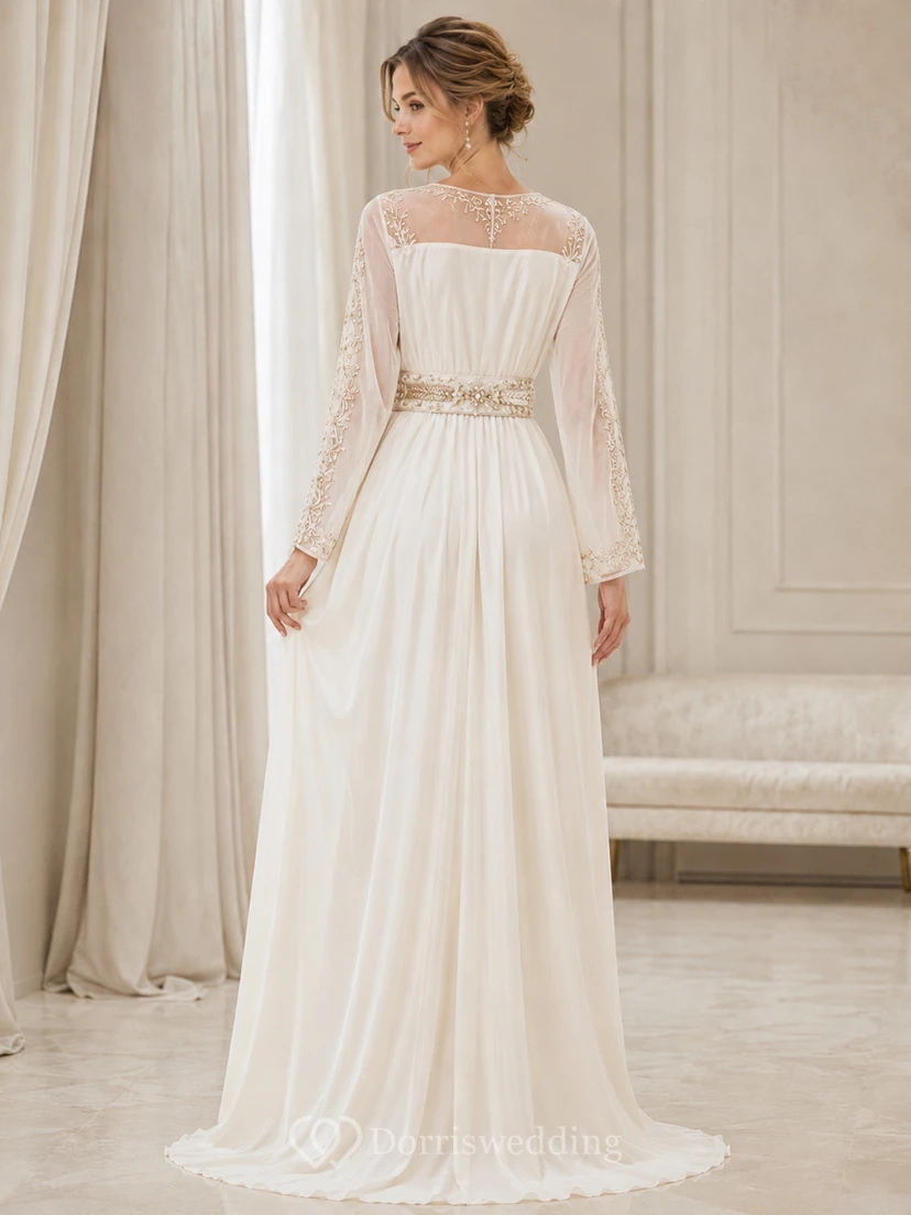 Robe de mariée caftan de luxe, coupe trapèze, col bijou, manches longues en dentelle illusion view 2