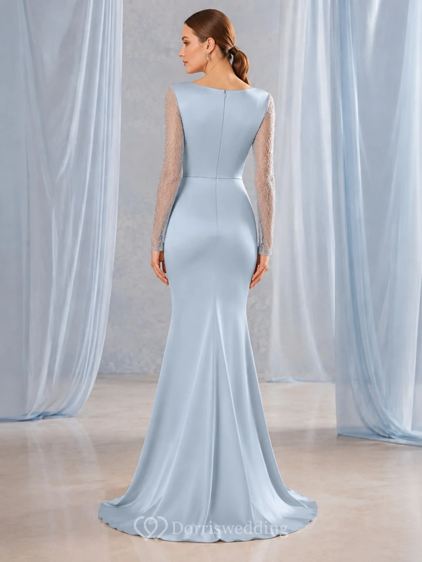 Himmelblaues, bodenlanges Meerjungfrauen-Abendkleid mit Spitzenärmeln, Rundhalsausschnitt und Meerjungfrauenschnitt view 2