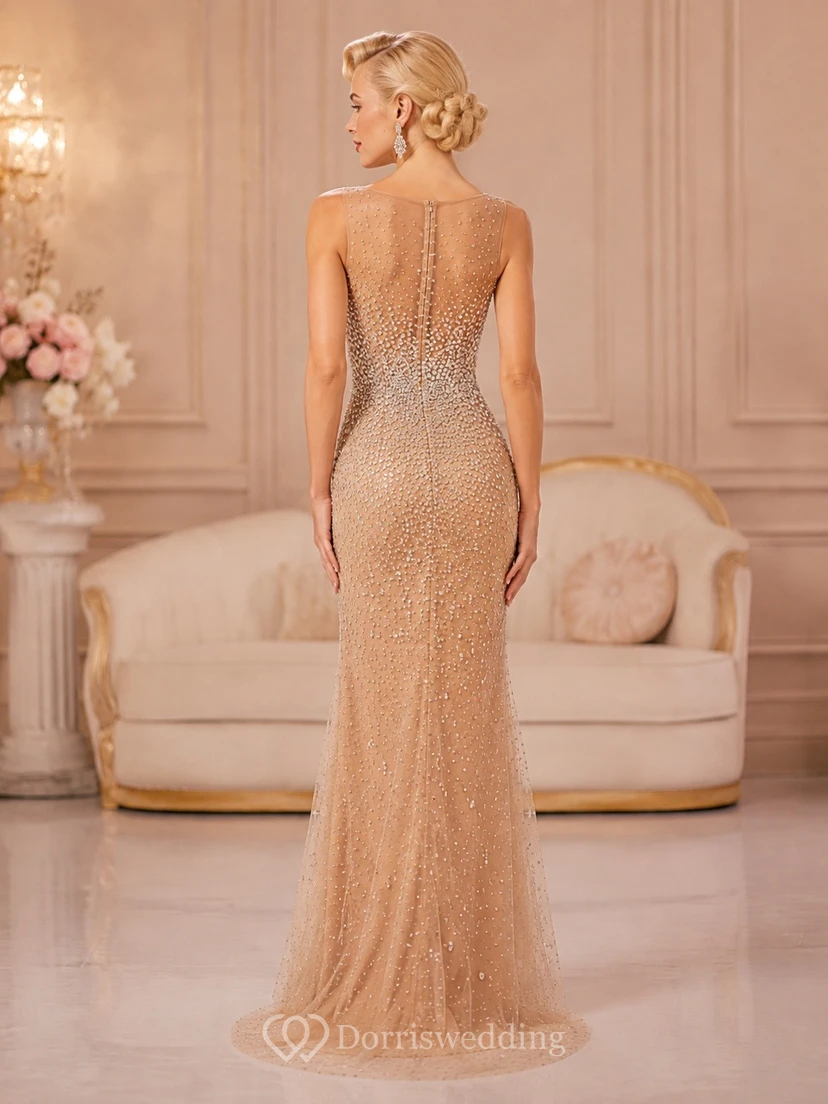 Vintage Champagne Beaded Spaghetti Strap Sheath Evening Gown view 2