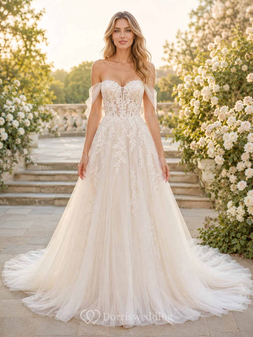Satin Wedding Dress A-Line Square Neck Sleeveless Sweep Train Bridal Gown