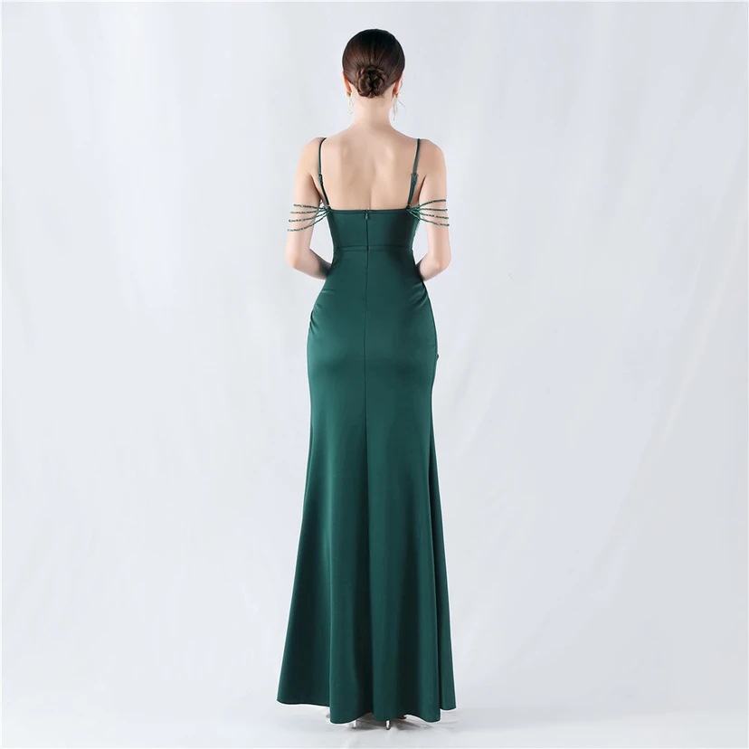 Hot Diamond Beaded High-Slit Satin Sexy Sling Evening Dress view 16