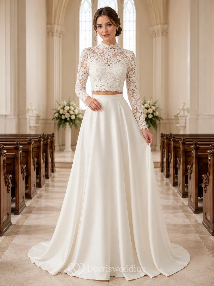 High Neck Long Sleeve Lace Top Satin Chapel Bridal Set