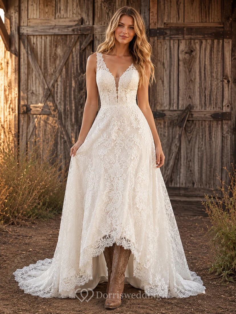 Robe de mariée de maternité, col V, manches longues en dentelle, coupe trapèze, traîne jardin