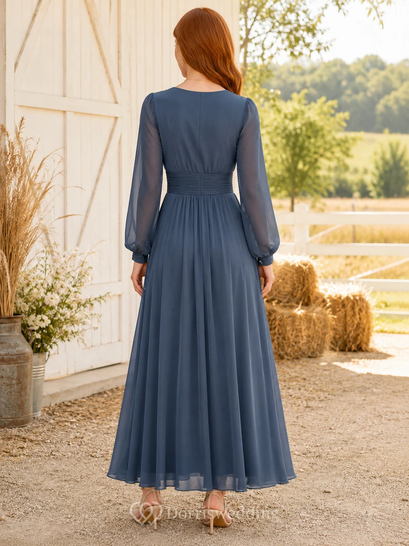 Farmhouse Slate Blue V-Neck Chiffon A-Line Ankle-Length Long Sleeve Dress Modest view 2