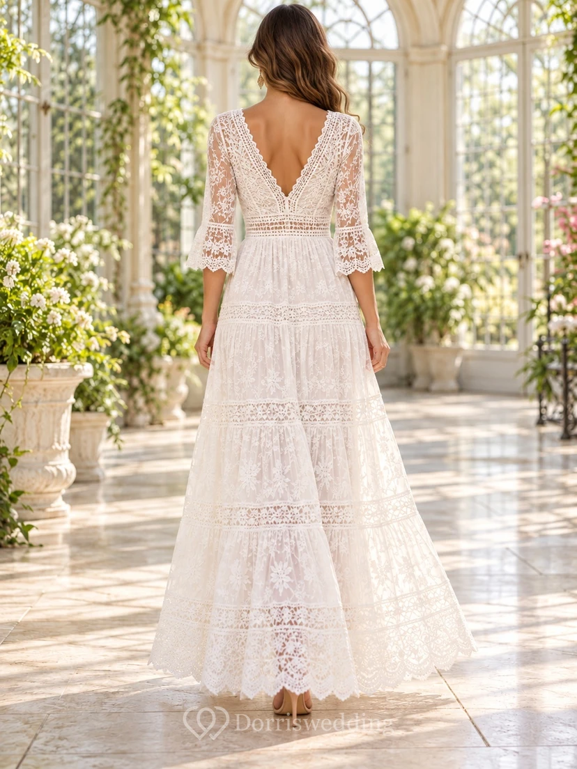 Boho White V-Neck Elbow Sleeve Banded Lace Maxi Dress view 2