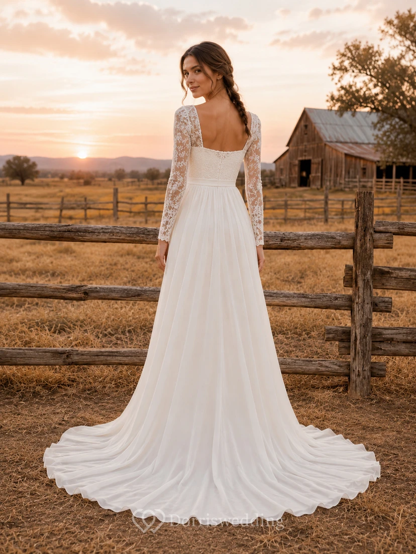 Long Sleeve Square Neck Wedding Dress with Chiffon A-Line Skirt and Lace Detail Romantic Modest view 2