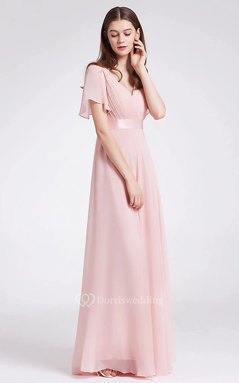 Elegant Chiffon V-neck A Line Short Sleeve Prom Mother Dress With Ruffles view 11