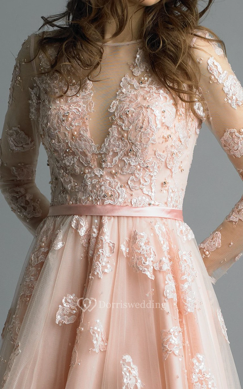 A-line Floor-length High Neck Long Sleeve Tulle Zipper Dress view 5