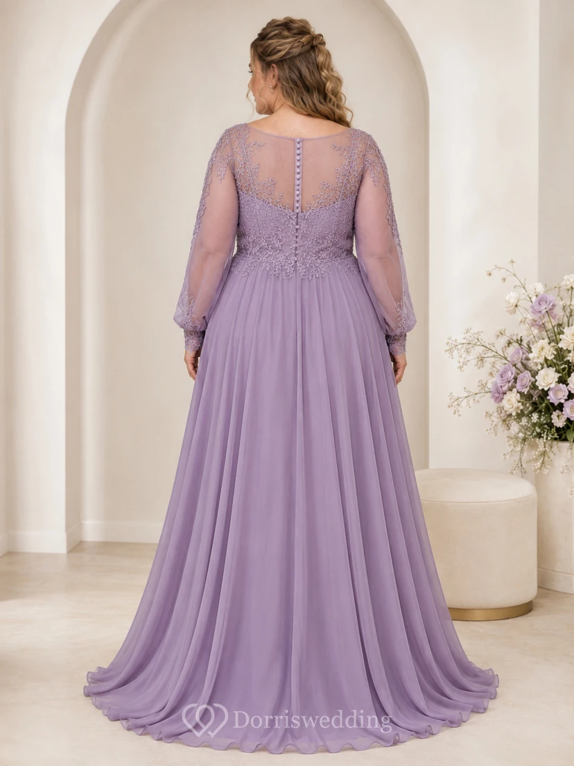 Lavender Plus Size Long Sleeve Lace Chiffon Wedding Dress view 2