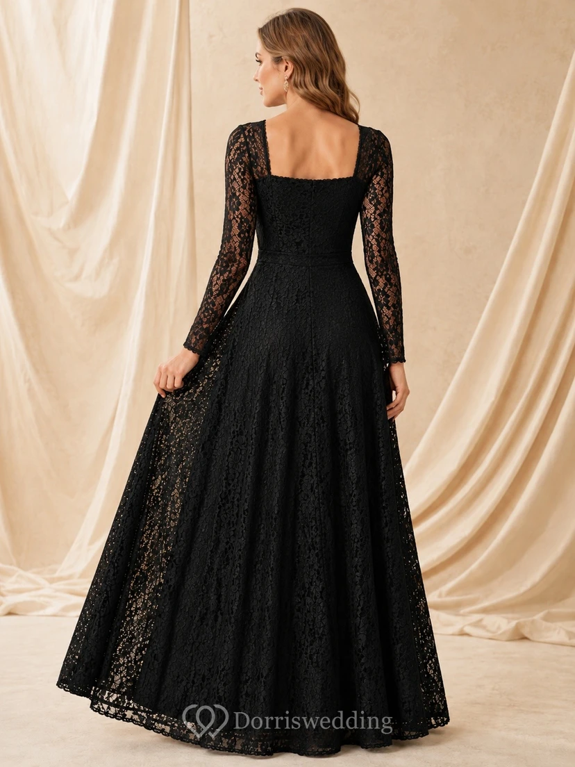 Black Lace Square-Neck Long-Sleeve A-Line Floor-length Romantic Evening-Gown view 2