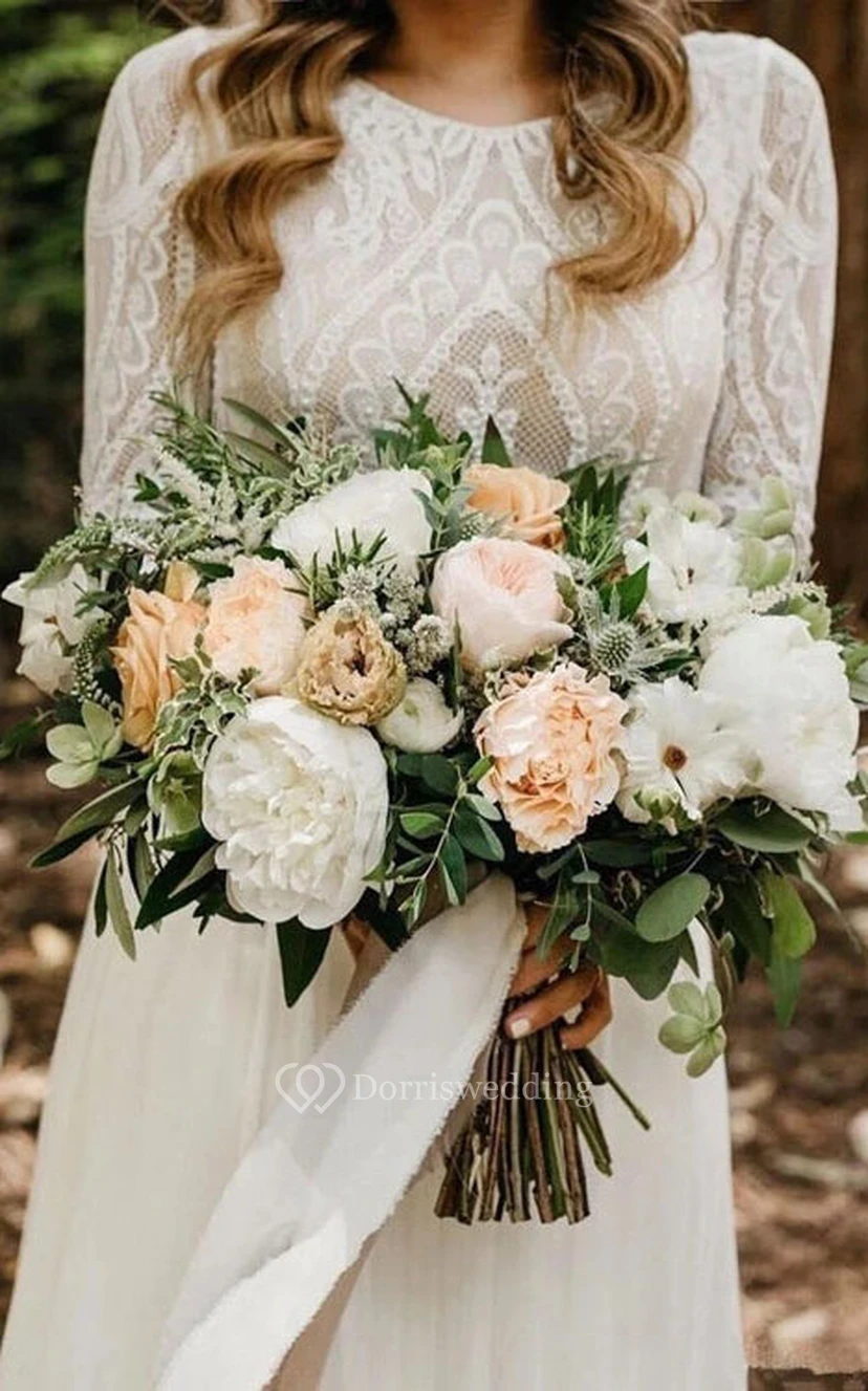 Vestido de novia bohemio de encaje con mangas largas | Vestido de novia blanco vaporoso con mangas view 3