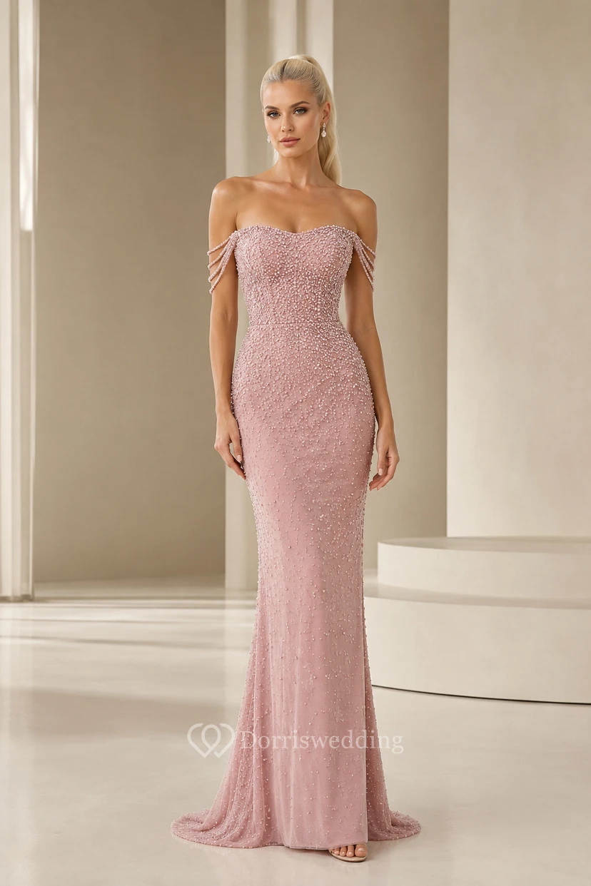 Paillettenbesetztes, schulterfreies Meerjungfrauen-Abendkleid in Rosa