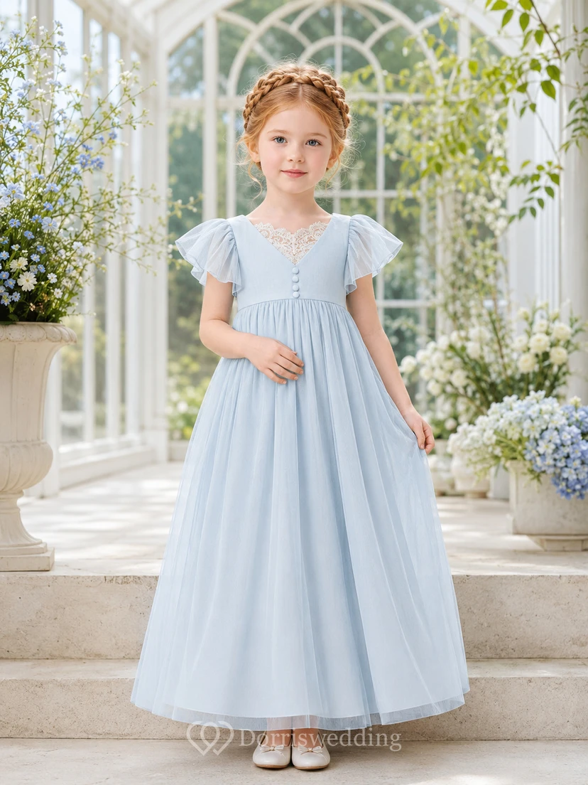 Sky Blue Flower Girl Dress Floor-Length Tulle Empire A-Line V-Neck Flutter Sleeve Lace Insert