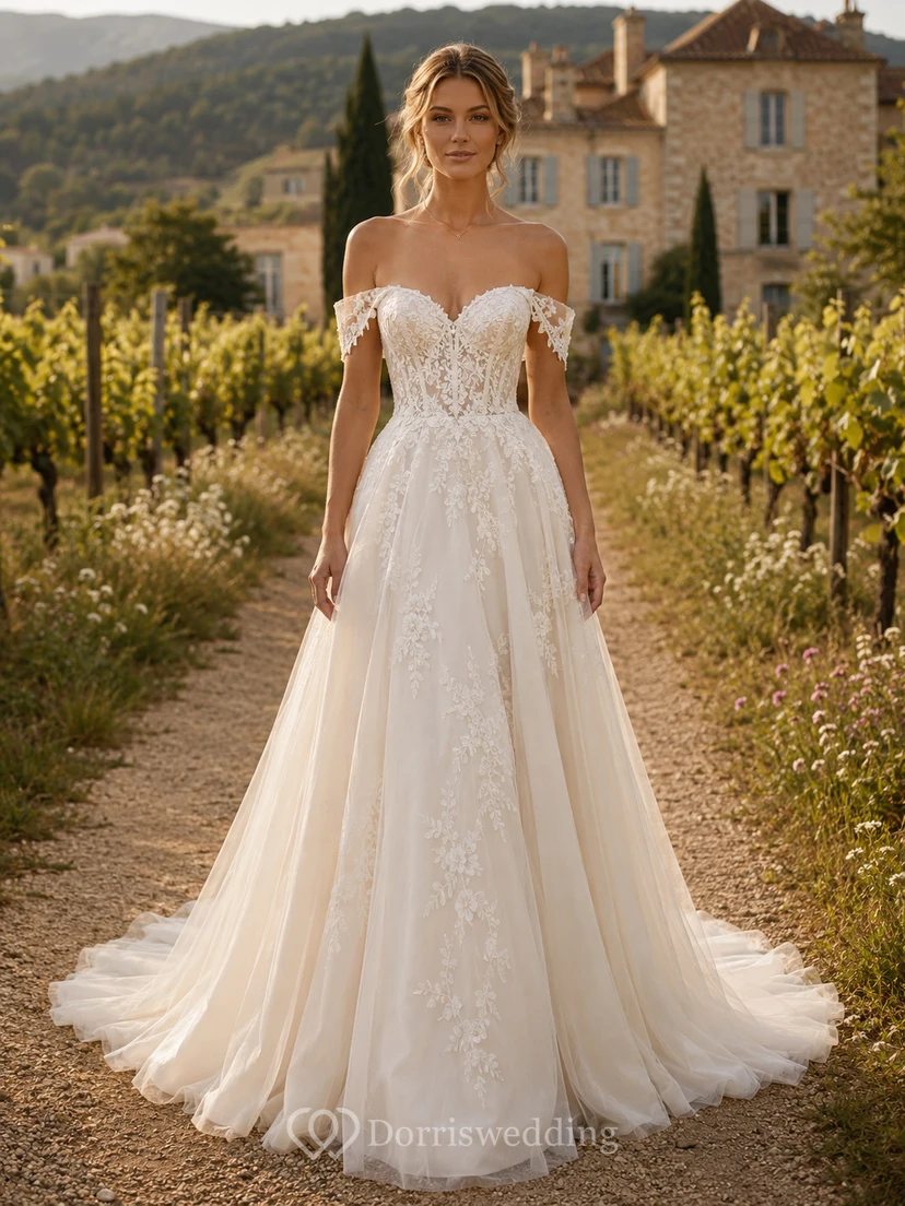Vestido de novia de encaje campestre, corte en A, hombros descubiertos, cola larga, espalda baja en V.