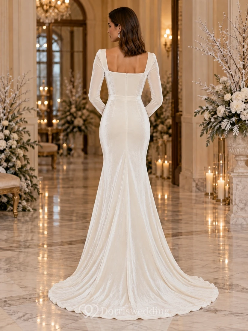 Vestido de novia de terciopelo con escote cuadrado, manga larga y cola larga, estilo sirena. view 2