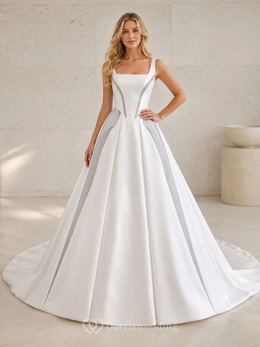 Satin-Brautkleid mit eckigem Ausschnitt, A-Linie, ärmellos, minimalistisch, modern, für standesamtliche Trau