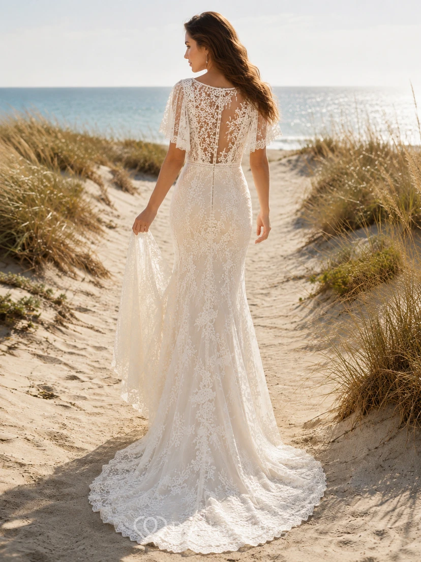 Beach Plunging V Neck Flutter Sleeve Lace Sheath Illusion Back Wedding Dress view 2