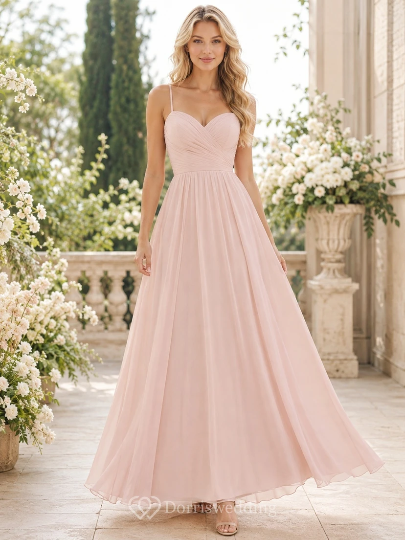 Rosafarbenes, plissiertes Chiffonkleid mit Spaghettiträgern und A-Linien-Schnitt, bodenlang, für festliche Anlässe