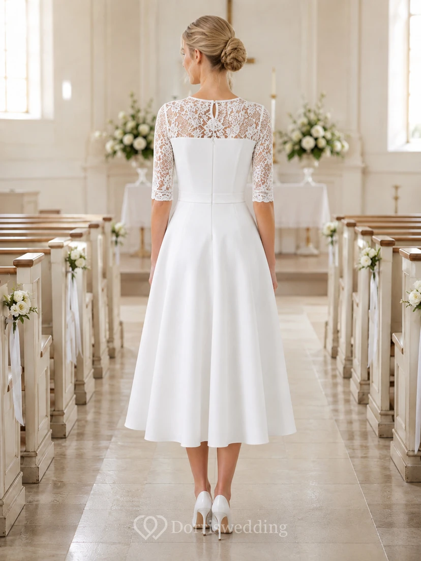 Vestido midi de corte A con mangas de encaje blanco y efecto ilusión para ceremonia de confirmación view 2