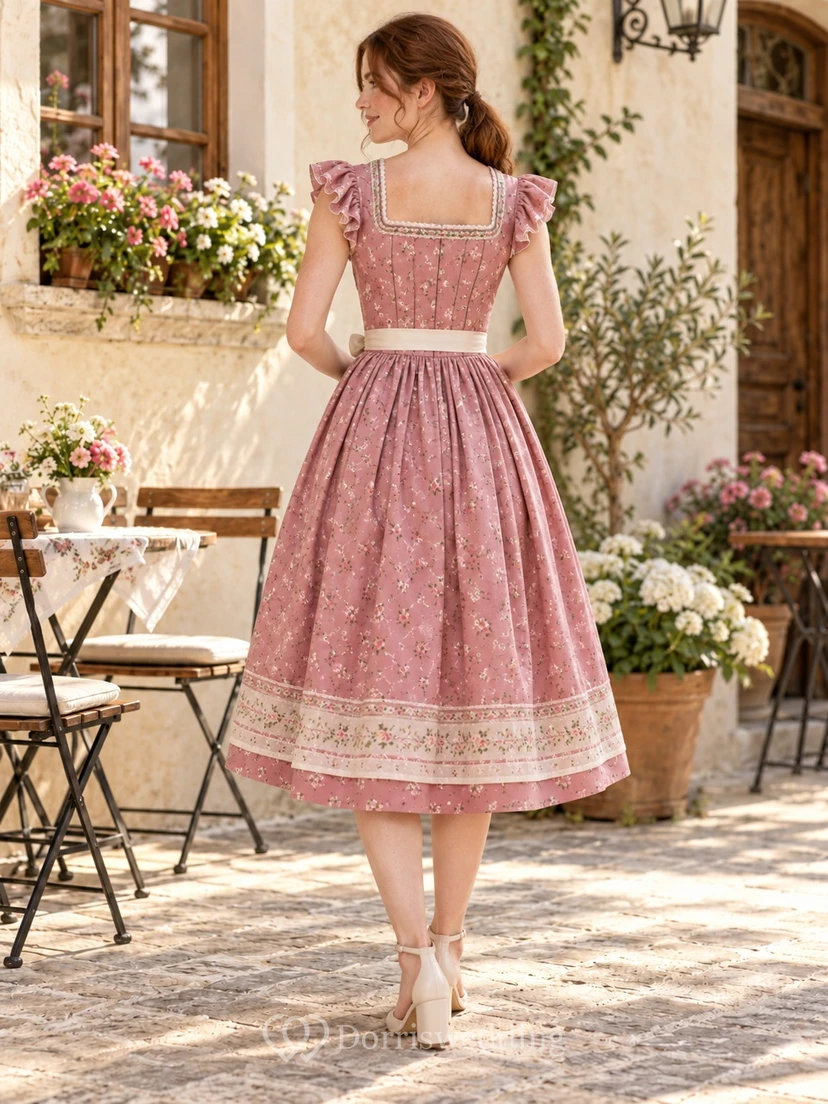 Vintage Dusty Rose Square Neck Flutter Sleeve Floral Dirndl Dress view 2