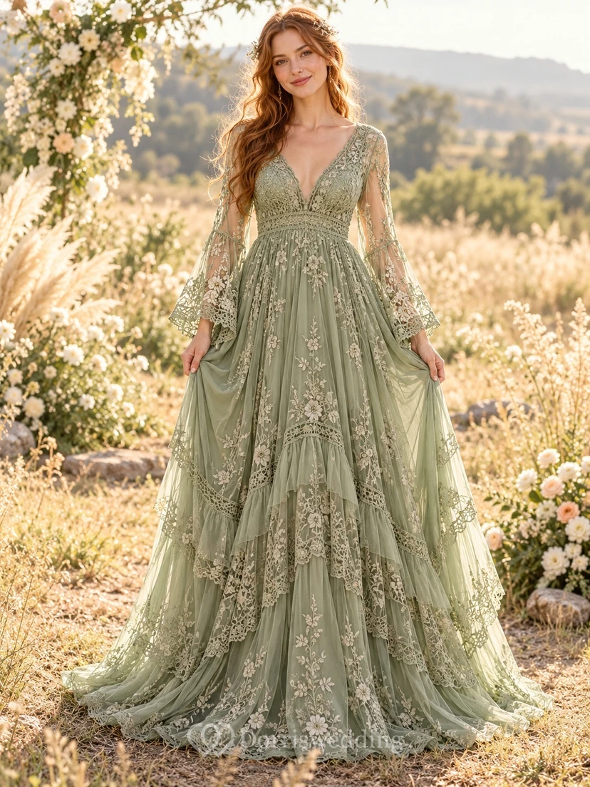 Boho Sage Green Bell Sleeve V-neck Tiered Lace Wedding Dress