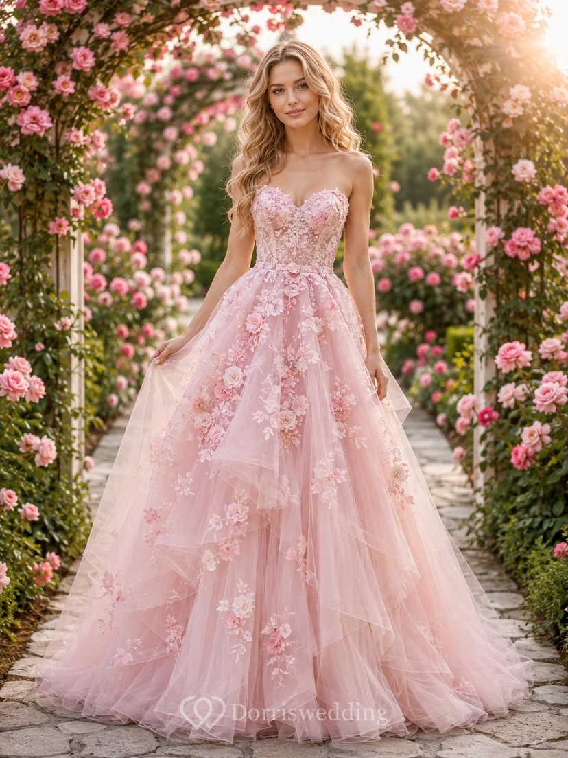 Pink Floral Strapless Tulle Rose Garden Wedding Gown