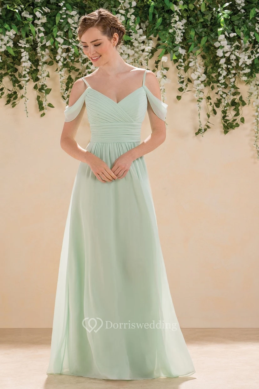 Off-Shoulder A-Line Floor-Length Bridesmaid Dress With Ruches And V-Back