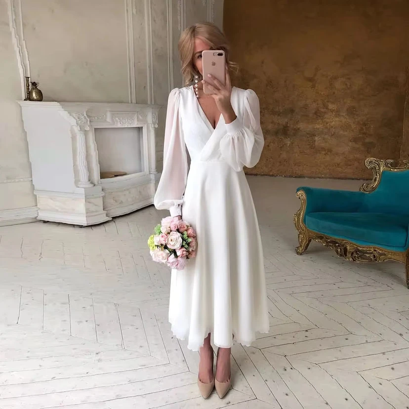 Timeless Sheer Sleeve Empire Waist Wedding Dress with V-Neck