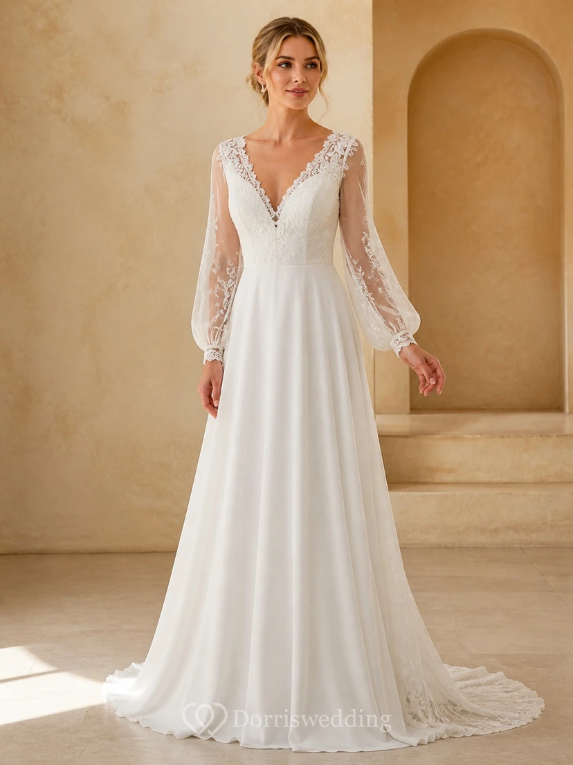 Vestido de novia bohemio de manga larga, corte en A, escote en V, encaje botánico y cola de capilla