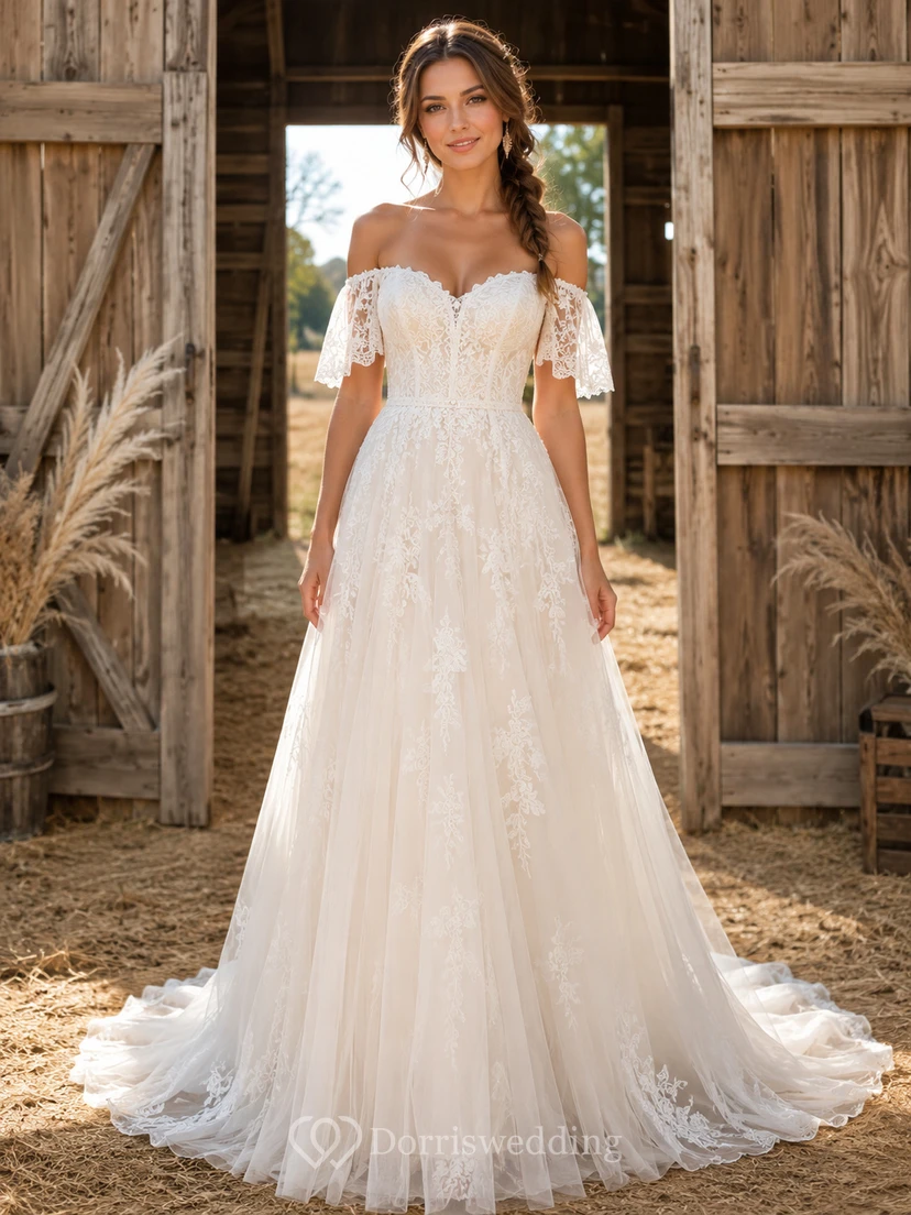 Boho Off Shoulder Flutter Lace A Line Chapel Country Wedding Dress