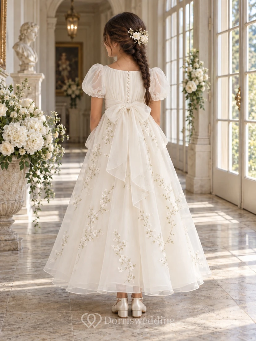 Square Neck Ivory A-line Lace Tulle Ankle-length Puff-sleeve Ruched Flower Girl Dress view 2