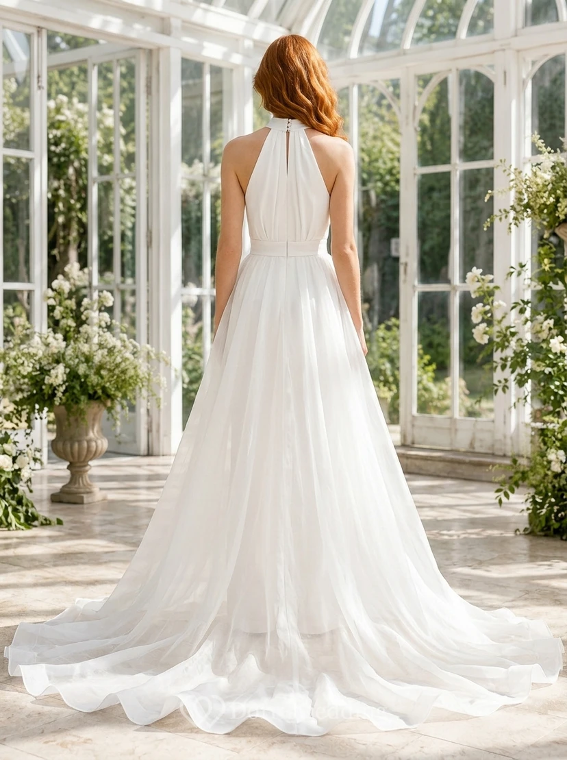 White Halter Bridal Jumpsuit with Chiffon Train view 2
