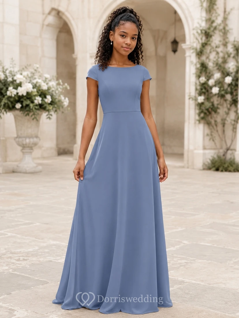 Schieferblaues Brautjungfernkleid im A-Linien-Schnitt mit kurzen Flügelärmeln, schlicht