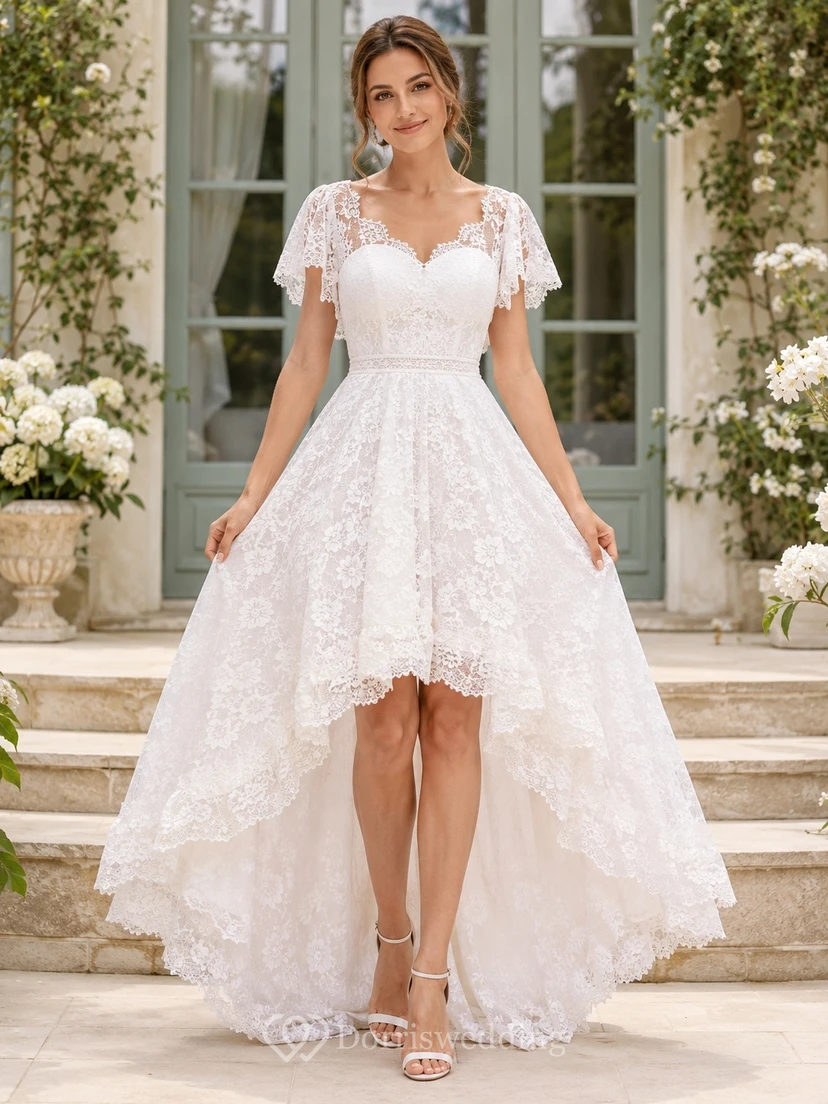 Vestido de novia de encaje floral con escote en V, manga corta, cola asimétrica y vestido de novia