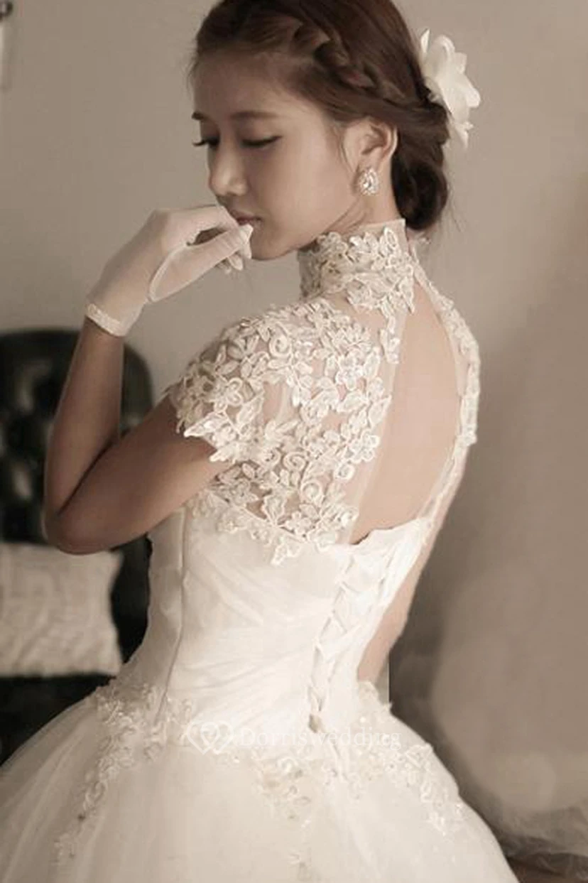 Elegant Tulle Lace Appliques Wedding Dress High Neck Ball Gown view 3