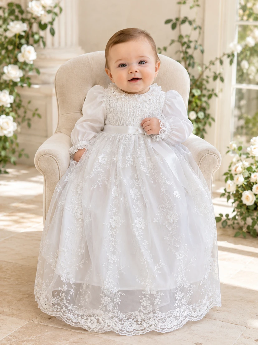 Bishop Sleeve Christening Gown A-Line Lace Tulle Jewel Neck Scalloped Hem