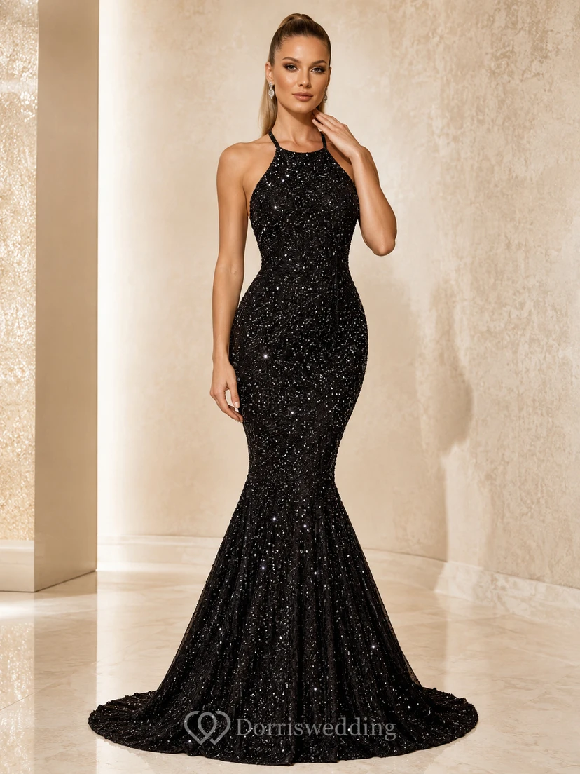 Vestido de fiesta de lujo Starlit Column Black Mermaid hasta el suelo, sin mangas, con escote halter y lentejuelas.