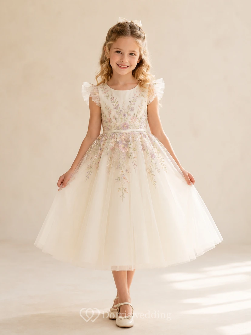 Tulle A-Line Flower Girl Dress with Jewel Neck, Tea-Length Skirt and Pleated Skirt