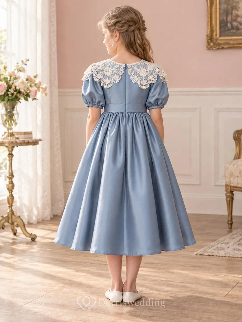 Vintage Modest Tea-length Blue Scalloped Collar Puff Sleeve Satin Flower Girl Dress view 2